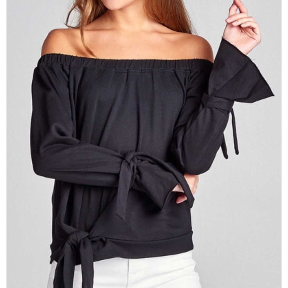 Off Shoulder Tie Sleeve Bell Cuff Black 0118 - Picture 6 of 7